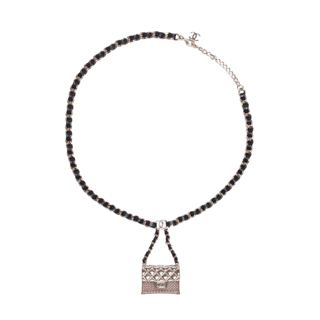 Chanel 'Leather Quilted Bag Pendant' Gold Plated Leather Necklace