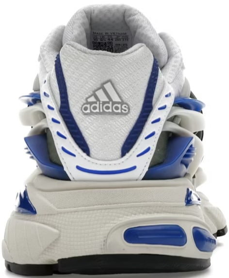 A straight-on rear view of the adidas Adistar Jellyfish Pharrell Williams sneaker, highlighting the structured white heel counter, integrated blue mesh panels, a bold black adidas performance logo centered on the heel tab, and a thick molded royal blue midsole base.