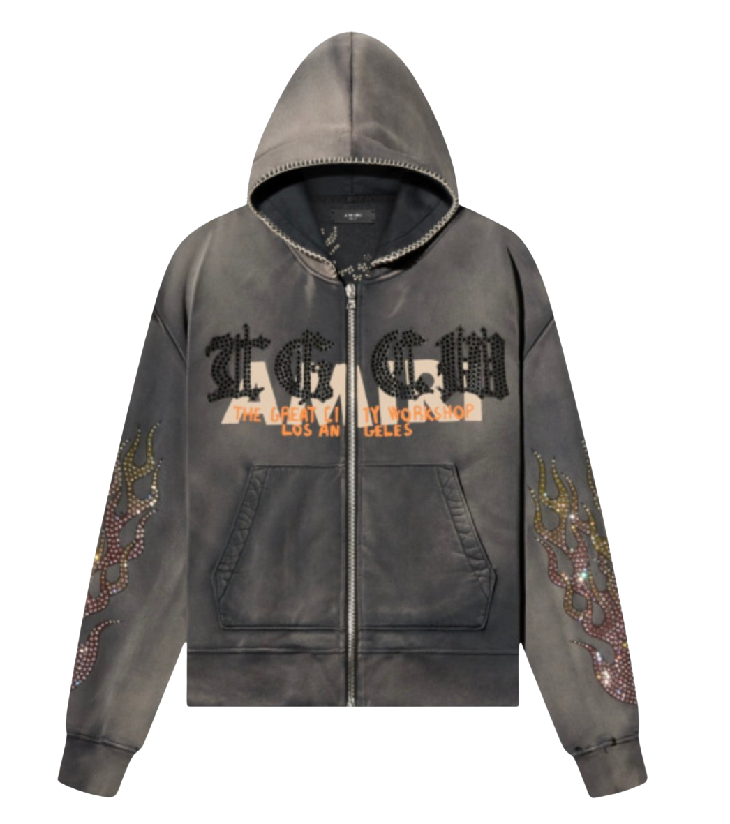 Amiri x TGCW Washed Black Swarovski Crystal Zip Up