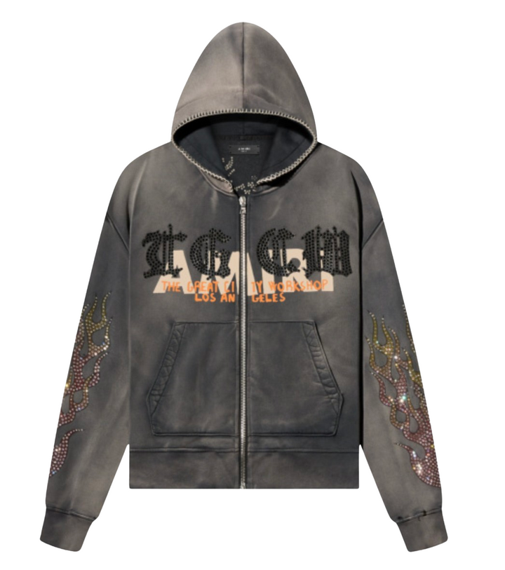 Amiri x TGCW Washed Black Swarovski Crystal Zip Up