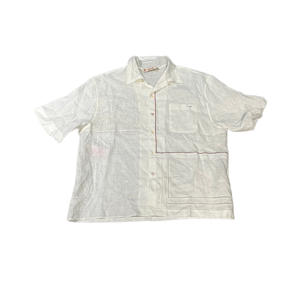 Marni 'White' Linen Embroidered Camp Collar Tee