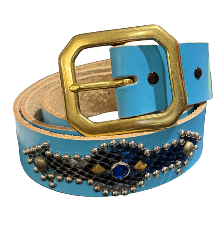 Studded 'Gradient Blue Snakeskin Arrow' Baby Blue Belt