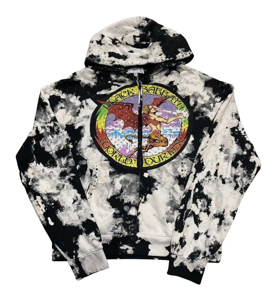 Bossi 'Black Sabbath' Tie-Dye Vintage Rhinestone Zip Up Hoodie