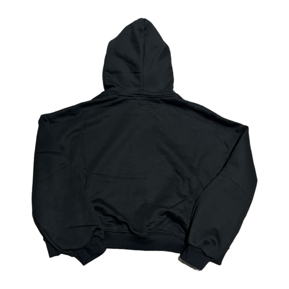 Back flat lay view of the black Saint Vanity 'Griffin' fleece hoodie, highlighting the oversized streetwear drape, relaxed shoulders, and seamless structural panel assembly with a solid, unadorned jet-black rear profile.