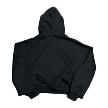 Back flat lay view of the black Saint Vanity 'Griffin' fleece hoodie, highlighting the oversized streetwear drape, relaxed shoulders, and seamless structural panel assembly with a solid, unadorned jet-black rear profile.