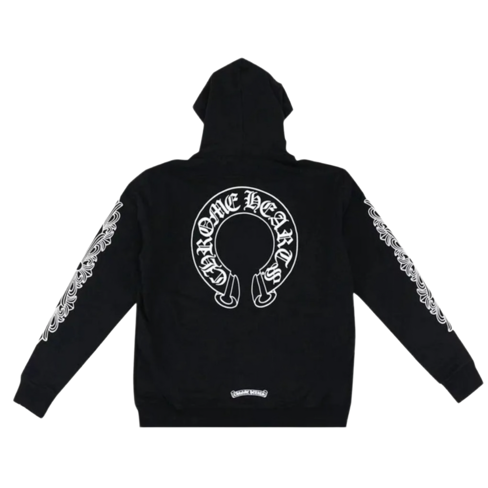 Back flat lay view of the black Chrome Hearts thermal zip-up hoodie, highlighting the relaxed streetwear drape and thick ribbed knit cuffs and hemline, dominated by a large white circular horseshoe brand graphic printed boldly across the upper back torso with its classic signature cross motif at the center.