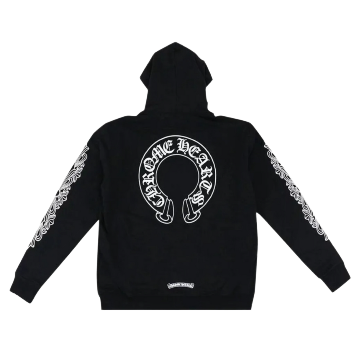 Back flat lay view of the black Chrome Hearts thermal zip-up hoodie, highlighting the relaxed streetwear drape and thick ribbed knit cuffs and hemline, dominated by a large white circular horseshoe brand graphic printed boldly across the upper back torso with its classic signature cross motif at the center.