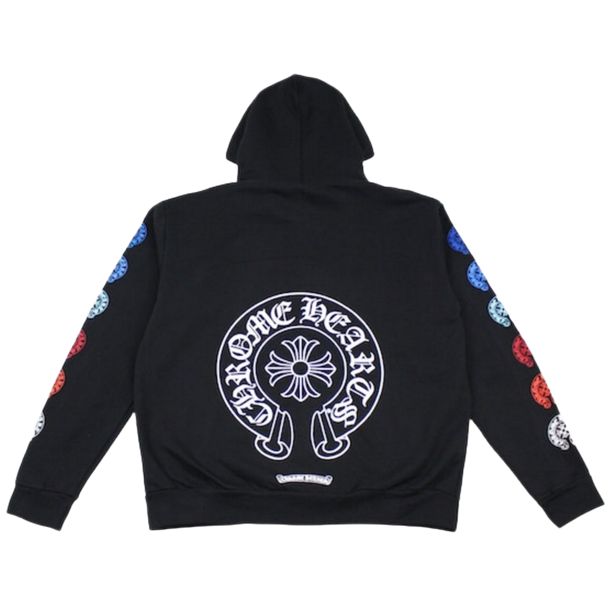 Back flat lay view of the black Chrome Hearts hoodie, highlighting the street style drape with a large central multicolor gradient signature horseshoe logo printed across the upper back, beautifully displaying a blending color transition from neon blue to bright purple and green around the central cross motif.