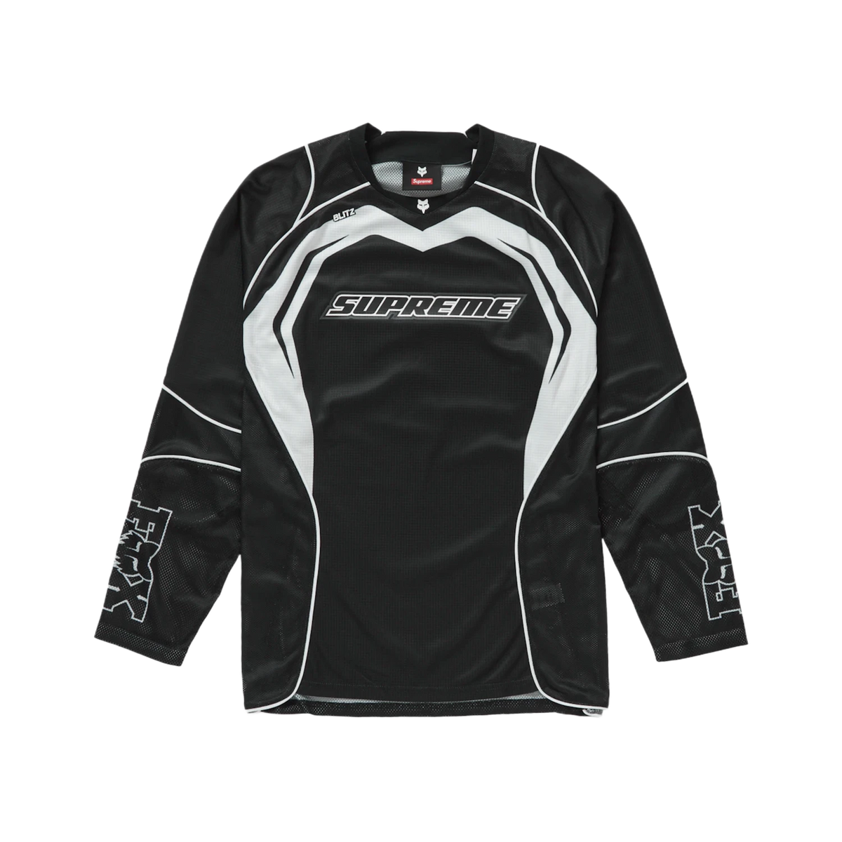 Front flat lay view of the Supreme x Fox Racing long-sleeve jersey in lightweight black technical performance mesh, showcasing an athletic motocross silhouette with dynamic white and grey accent panels slicing across the shoulders and upper sleeves, a ribbed V-neck collar, tight athletic wrist cuffs, and a horizontal co-branded box logo graphic printed squarely on the center chest.