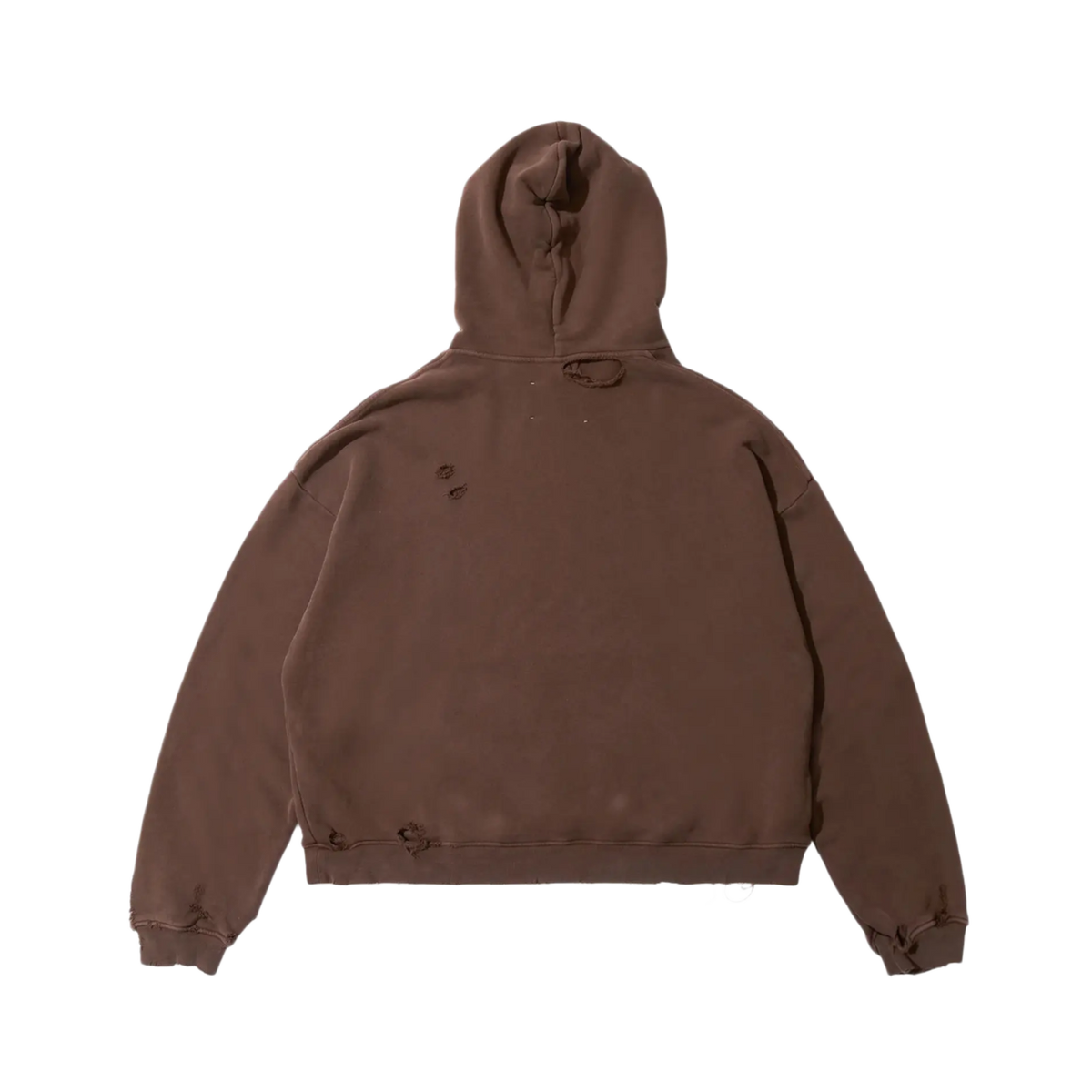 Back flat lay view of the chocolate brown Paly hoodie, highlighting the premium heavy-gauge fleece fabric structure and soft wash crinkles draping smoothly across a loose fit, featuring a clean, unadorned solid faded brown reverse profile stretching from the large relaxed hood down to the thick ribbed bottom hem.
