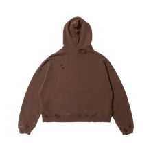 Back flat lay view of the chocolate brown Paly hoodie, highlighting the premium heavy-gauge fleece fabric structure and soft wash crinkles draping smoothly across a loose fit, featuring a clean, unadorned solid faded brown reverse profile stretching from the large relaxed hood down to the thick ribbed bottom hem.