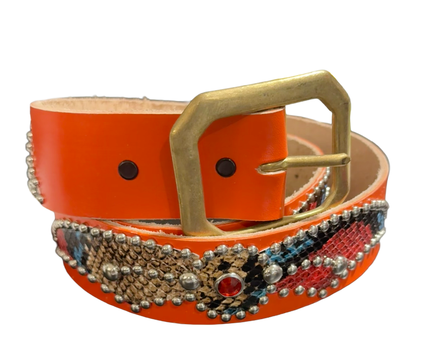 Studded 'Multicolor Wing Snakeskin/ Spider Gem Orange Belt