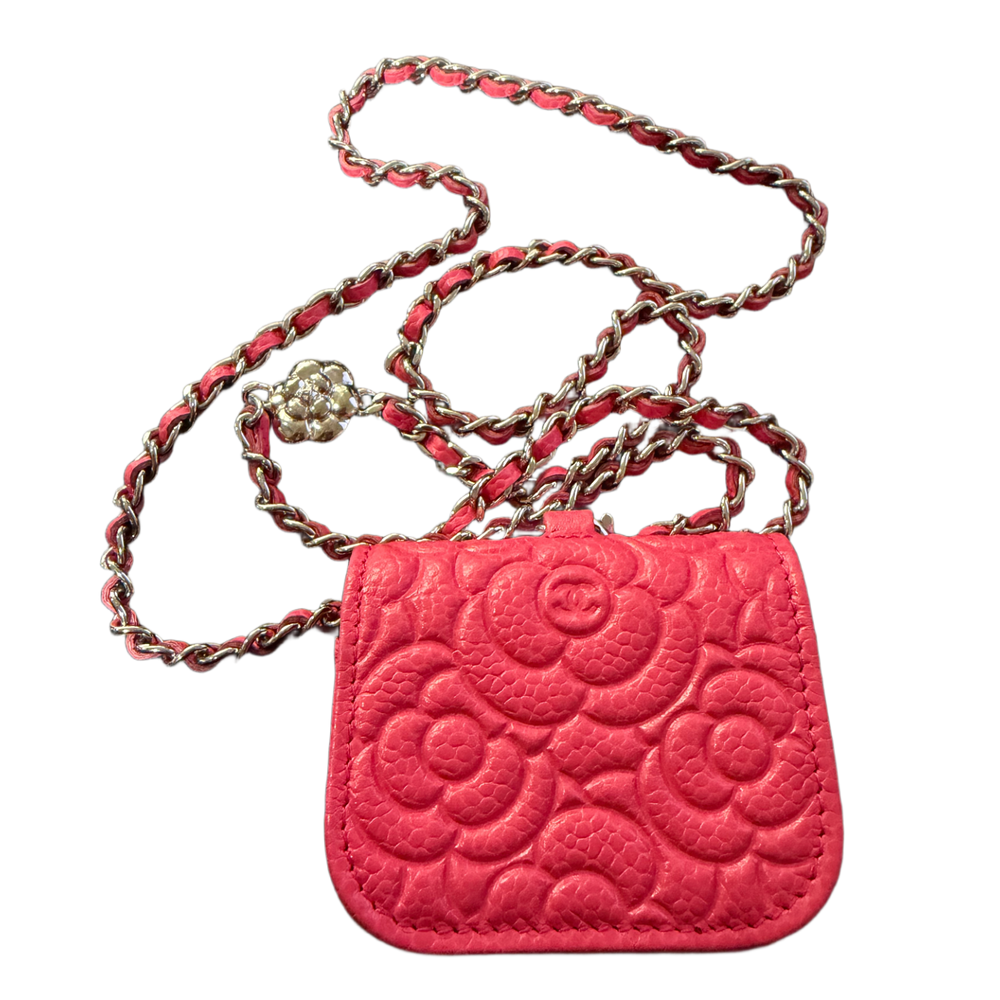 Chanel CC Logo 'Pink Camellia Embossed' Airpods Case With Chain