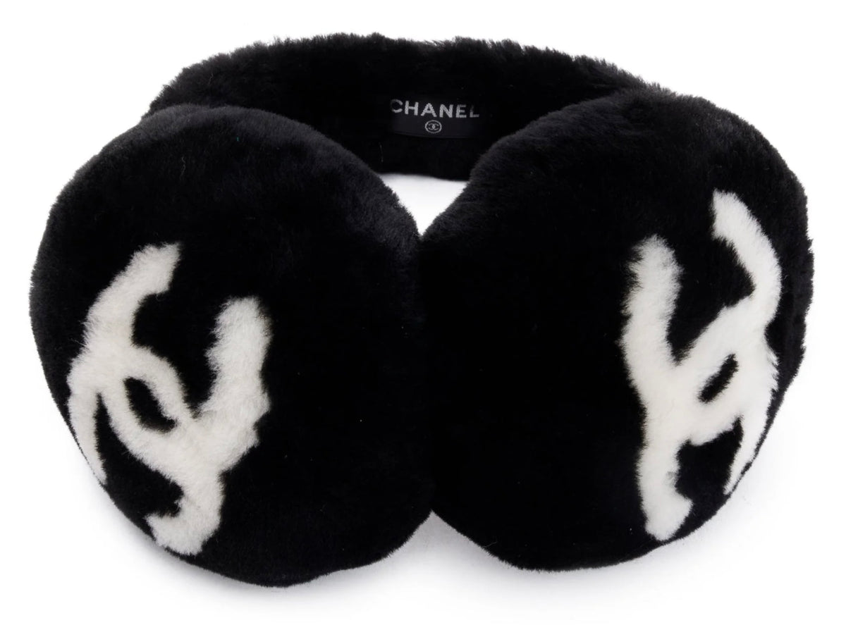 Chanel Black and White Shearling Fur CC Earmuffs