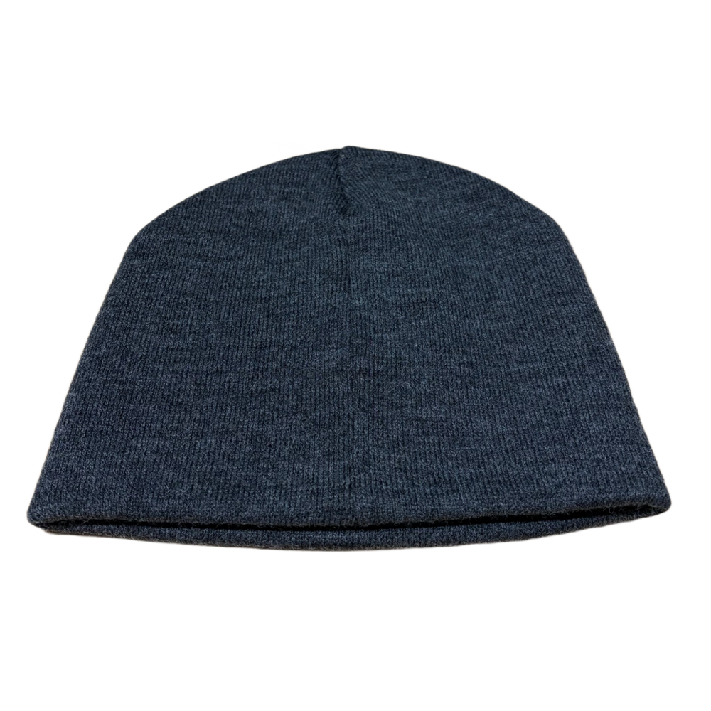 Back flat lay view of the dark heather grey Victor Victor knit beanie, showcasing the clean, unadorned knit pattern and rounded crown profile.