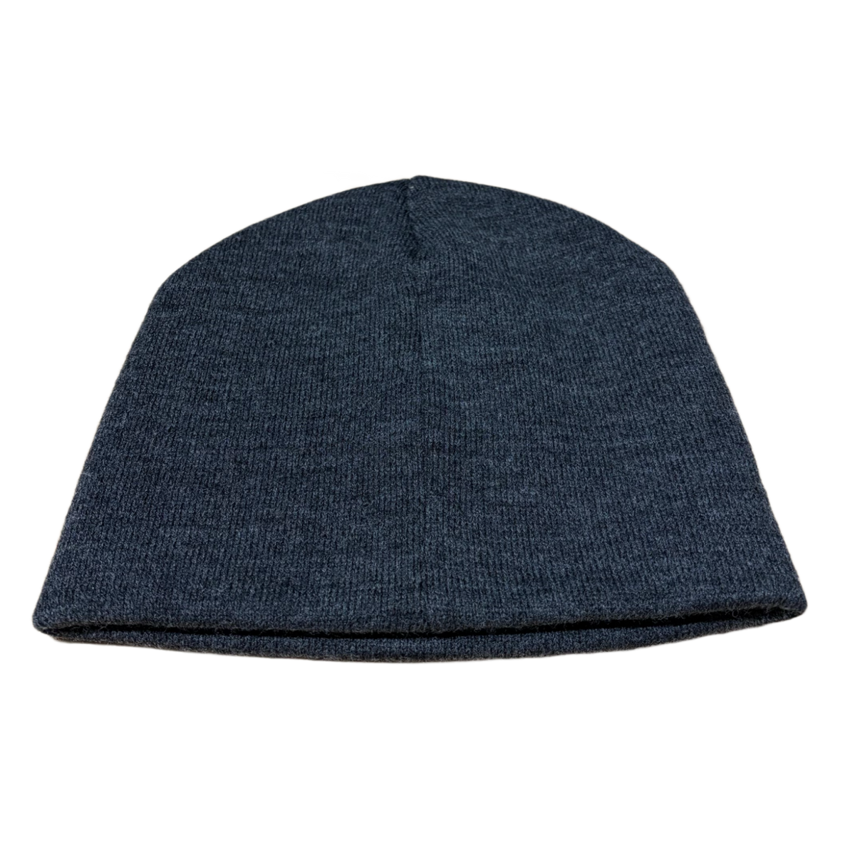 Back flat lay view of the dark heather grey Victor Victor knit beanie, showcasing the clean, unadorned knit pattern and rounded crown profile.