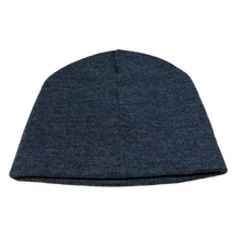 Back flat lay view of the dark heather grey Victor Victor knit beanie, showcasing the clean, unadorned knit pattern and rounded crown profile.