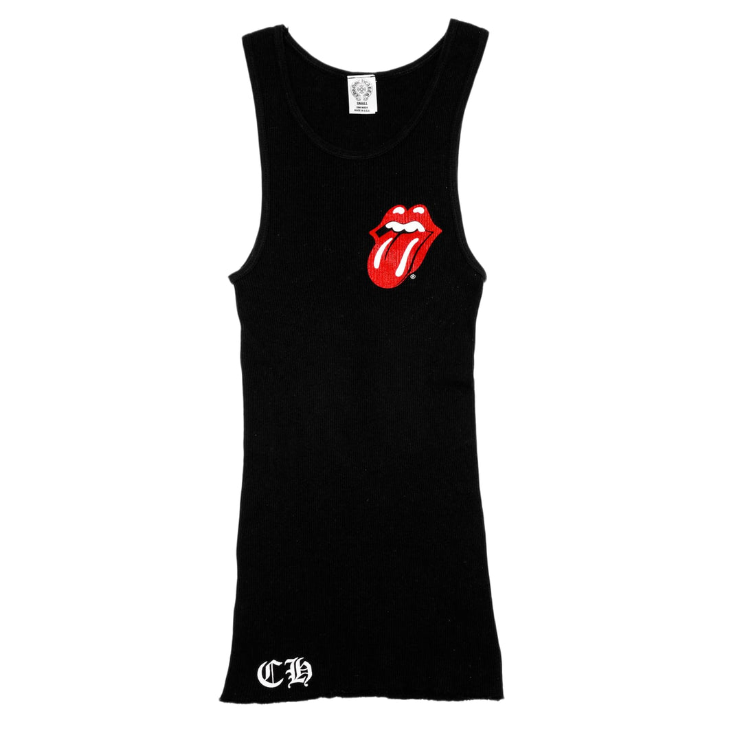 Front flat lay view of a Chrome Hearts vintage tank top in black ribbed cotton, featuring the red and white Rolling Stones tongue logo printed on the lower left torso and a white gothic 'CH' logo embroidered on the bottom left hem.