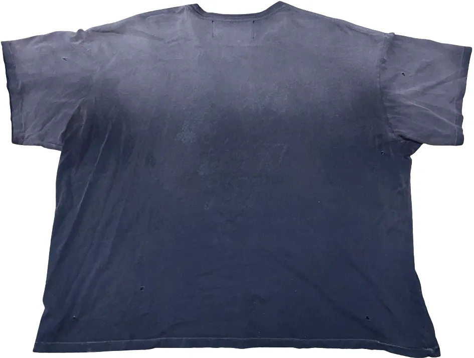Back flat lay view of the charcoal grey Paly 'Wisconsin Death Trip' t-shirt, highlighting the premium mid-weight cotton fabric structure and extensive vintage-washed fade patterns draping smoothly across a loose fit, featuring a clean, unadorned solid charcoal reverse profile running to the square straight lower hemline.