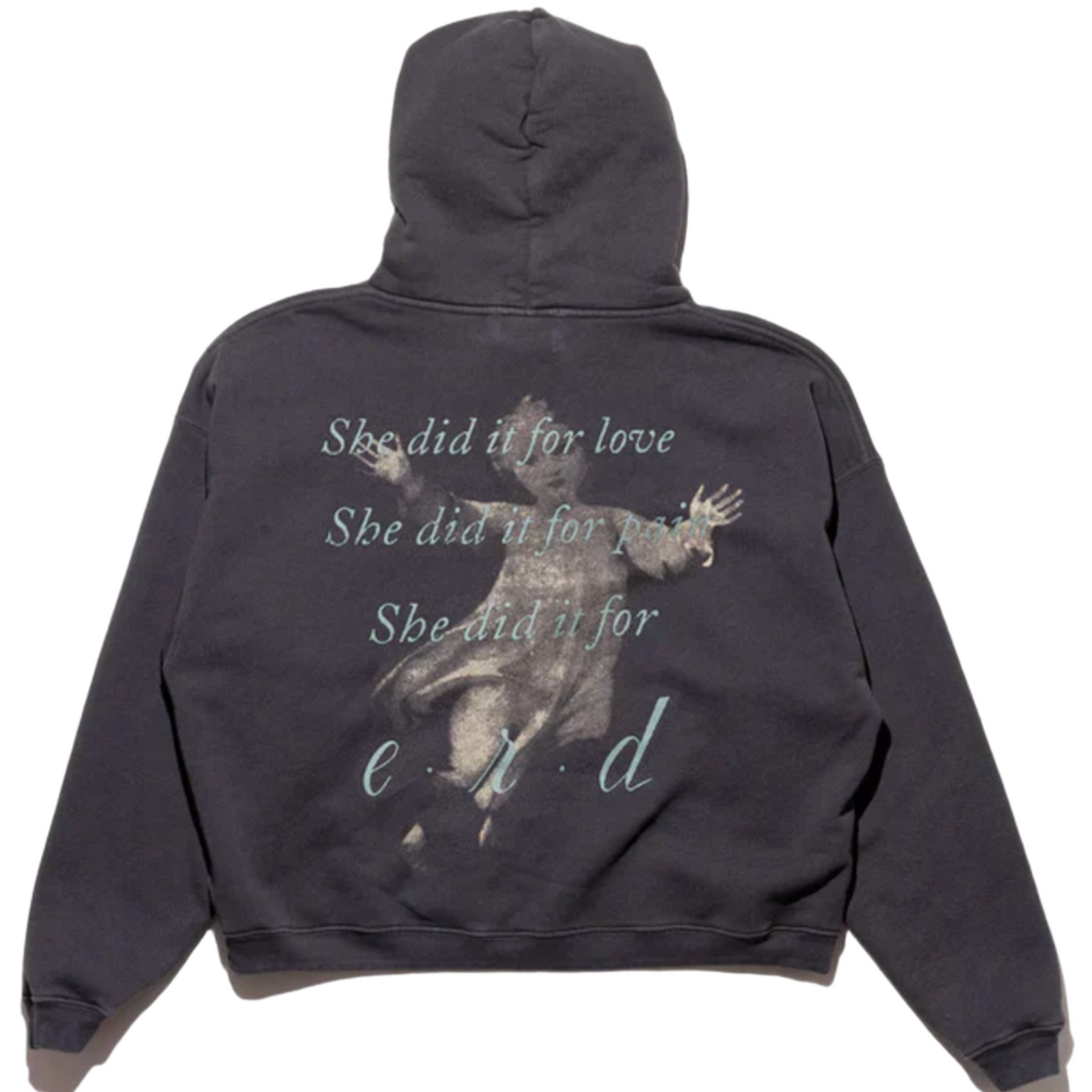 Back flat lay view of the vintage charcoal black Enfants Riches Déprimés fleece hoodie, highlighting the dramatic ultra-short cropped drape, relaxed slouchy shoulder seams, and a large central graphic screen-printed across the back torso depicting an intricate, classical-style illustration of a winged angel or cherub figure looking over an expansive horizon.