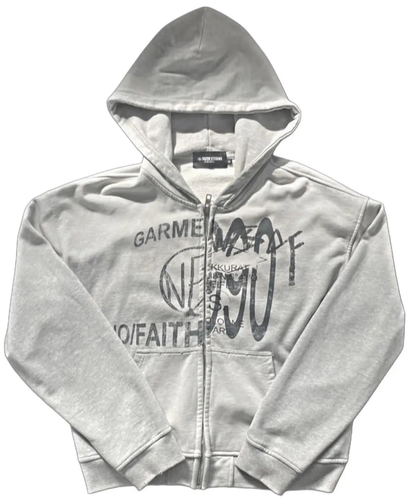 No Faith Studios 'Grey' Zip Up Hoodie – Showroom LA No Faith Studios 'Grey' Zip Up Hoodie – Showroom LA