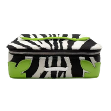 Front view of the Chrome Hearts jewelry case in an exotic neon green and black zebra-striped patterned leather, showcasing a rectangular structured hardcase silhouette, dual matching rolled leather grab handles on the lid, and a heavy wrap-around zipper closure system adorned with a large, polished sterling silver signature dagger pull.