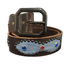 Studded 'Blue/Red Denim' Black Gem Leather Belt