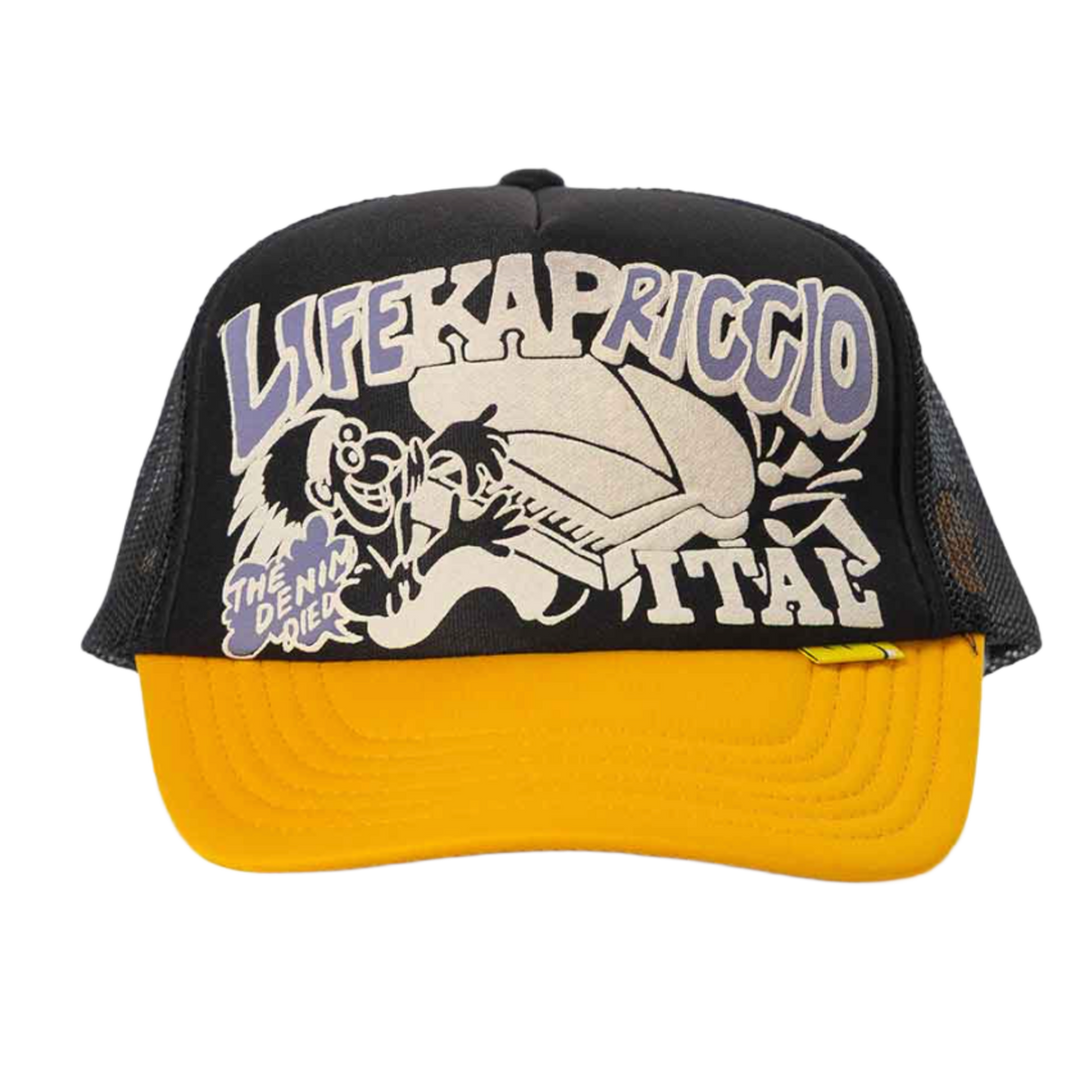 Kapital 'Life Kapriccio' Black Yellow Trucker Hat