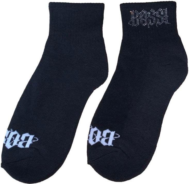 Bossi 'Dark Silver Logo' Rhinestone Black Socks