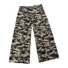 Back flat lay view of the Saint Vanity camouflage nylon cargo pants, highlighting the straight-cut athletic silhouette from the elastic waistband down to the open-hem cuffs, featuring a continuous woodland camo print texture across the back panels and sides.
