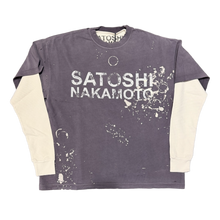 Front flat lay view of the Satoshi Nakamoto 'Luke' long-sleeve top, showcasing a unique double-layer design featuring a distressed short-sleeve faded purple graphic t-shirt layered over cream-colored waffle-knit thermal long sleeves, detailed with bold white printed branding reading 'SATOSHI NAKAMOTO' across the chest, heavy contrast white stitching, and a vintage-washed bleached paint pattern along the lower torso.