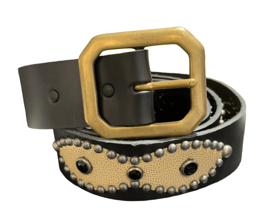Studded 'Tan Snakeskin/ Sun Gem' Black Belt