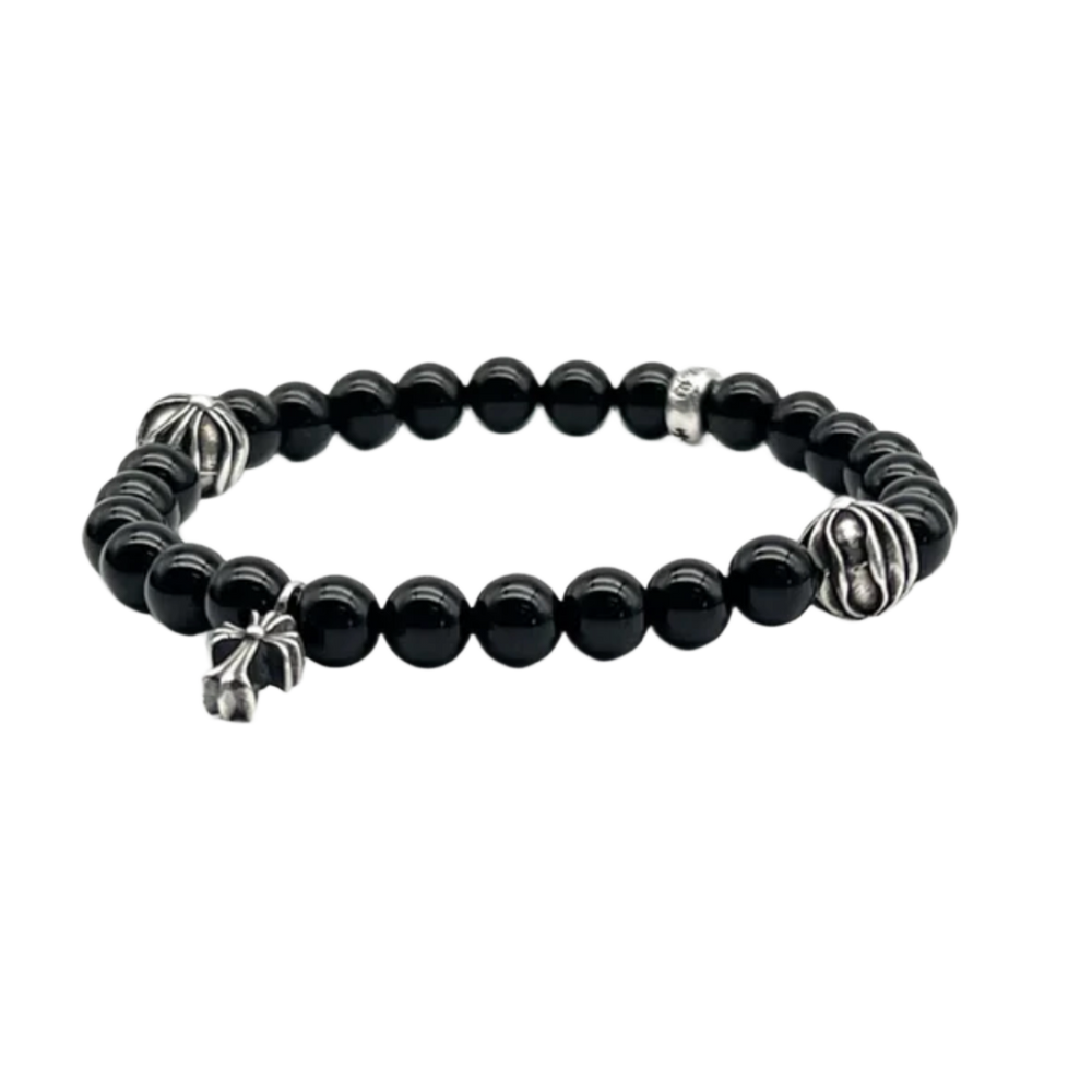 Chrome Hearts 'Obsidian Silver' Cross Pendant 6mm Beaded Bracelet
