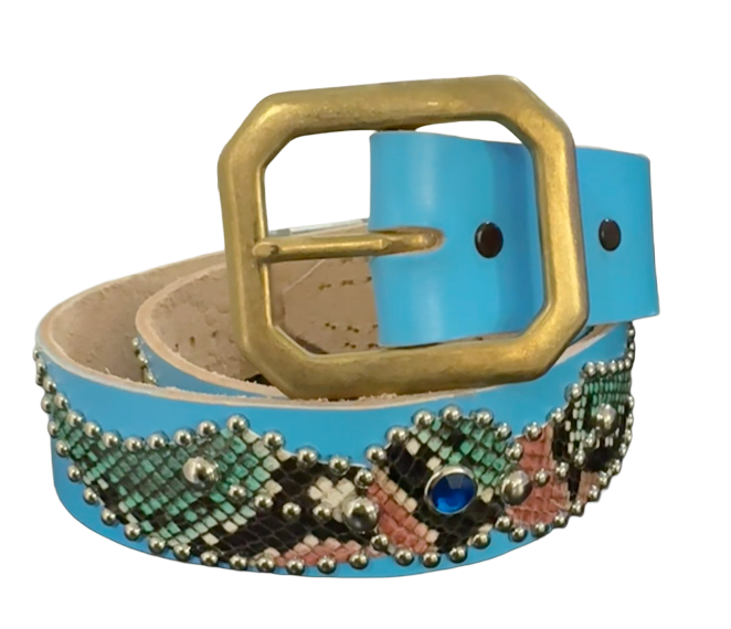 Studded 'Multi Color Snakeskin Spider Gem' Baby Blue Belt