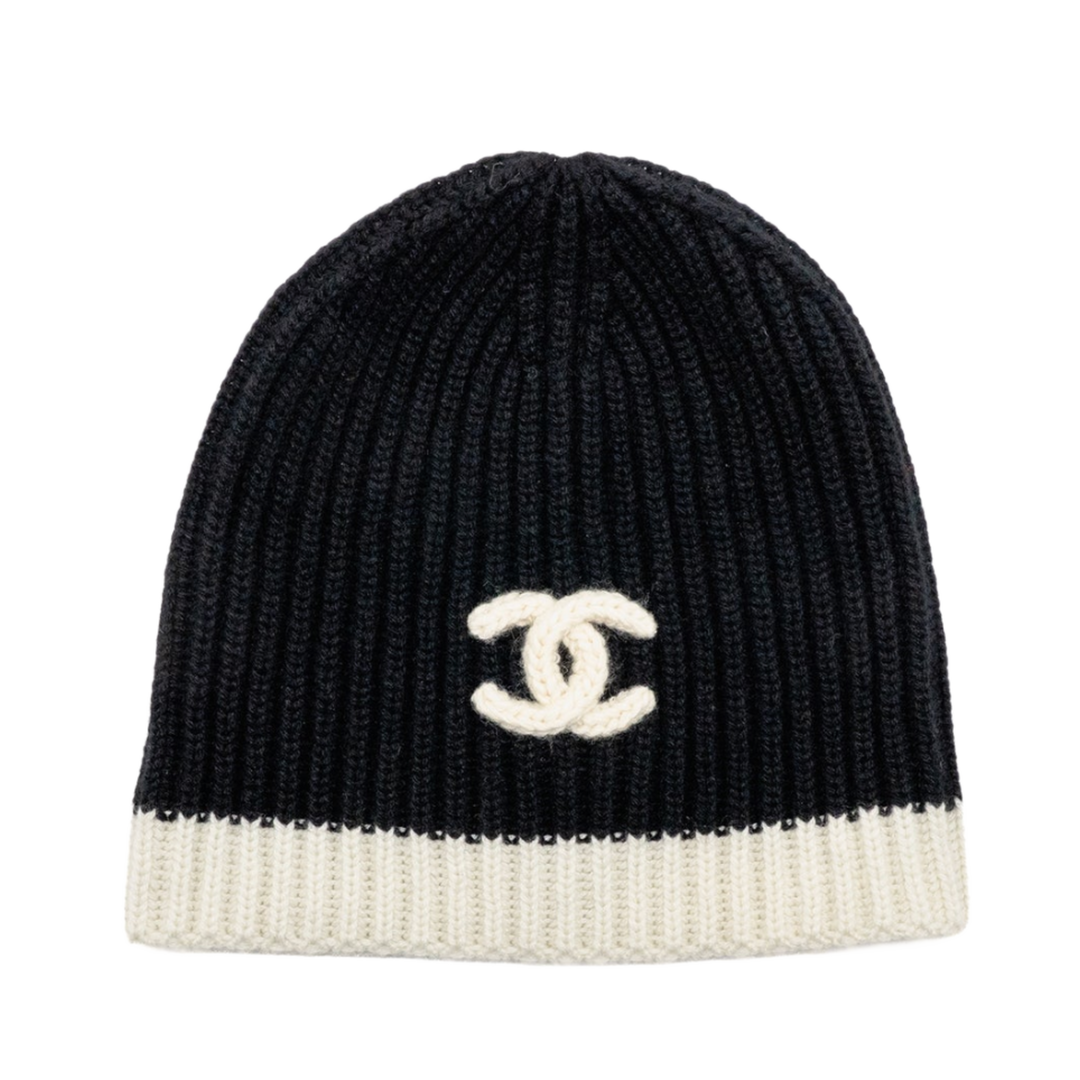 Chanel 'Black & White' No Cuff Knit Cashmere Beanie