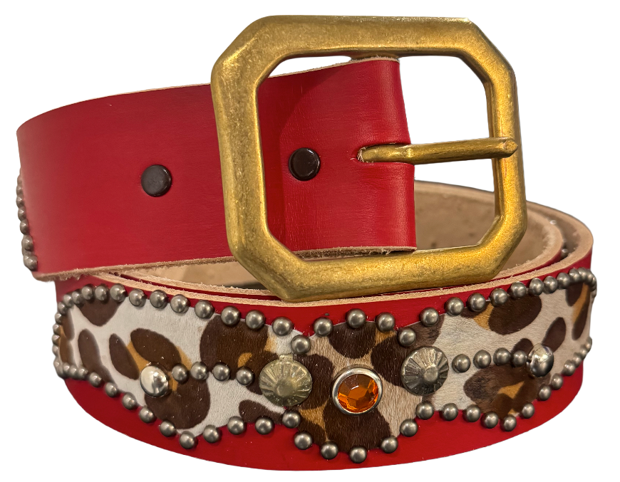 Studded 'Cow Felt Print' Spider Gem Red Belt