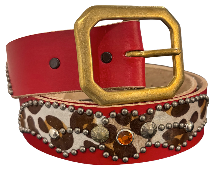 Studded 'Cow Felt Print' Spider Gem Red Belt