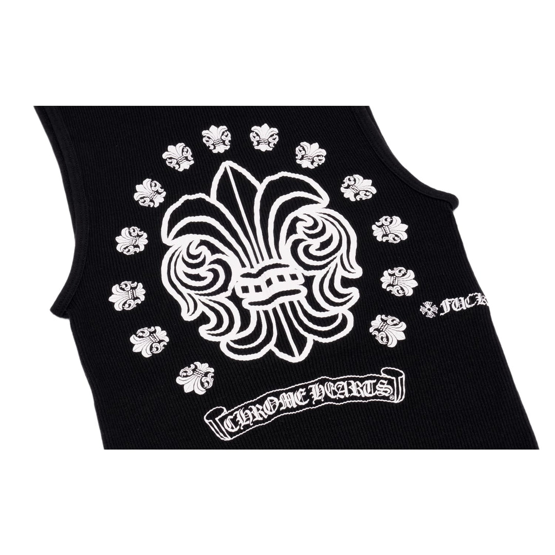 Macro detail of the back print, highlighting the crisp white silkscreen ink on the black ribbed texture, showing the 'Chrome Hearts' horseshoe logo framing a central fleur-de-lis motif.