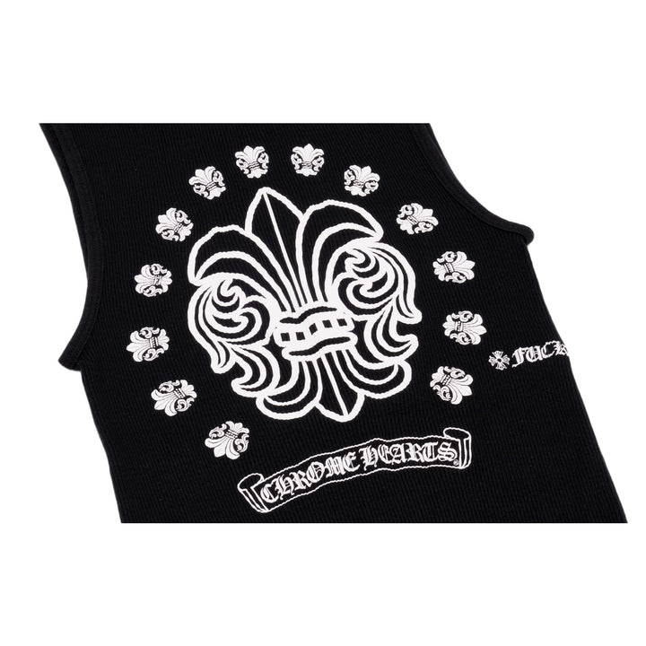 Macro detail of the back print, highlighting the crisp white silkscreen ink on the black ribbed texture, showing the 'Chrome Hearts' horseshoe logo framing a central fleur-de-lis motif.