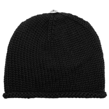 Back flat lay view of the black luxury cashmere knit Chrome Hearts beanie, showcasing the uniform textured stitch pattern and a clean, unadorned solid black profile tapering up to the top crown button.