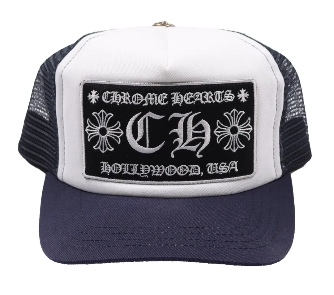 Chrome Hearts CH Hollywood Navy Blue/White Trucker Hat