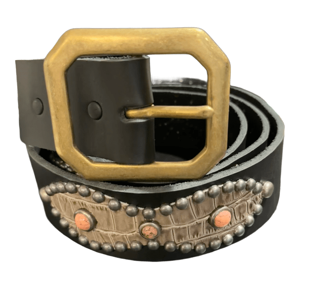 Studded 'Tan Snakeskin Peach Sun Gem' Black Belt