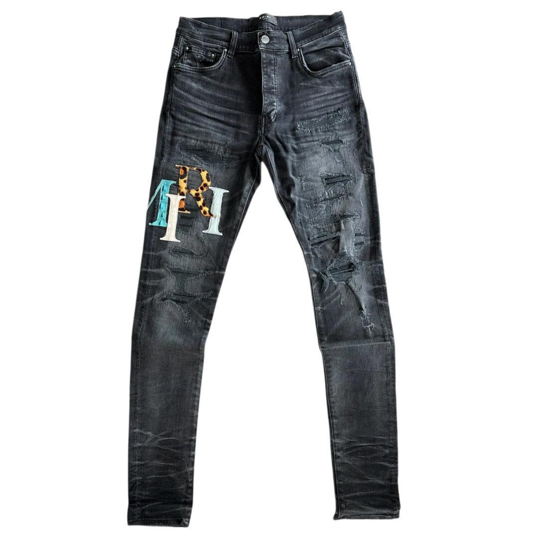 Amiri 'Multicolor Leather Staggered Logo' Black Jeans