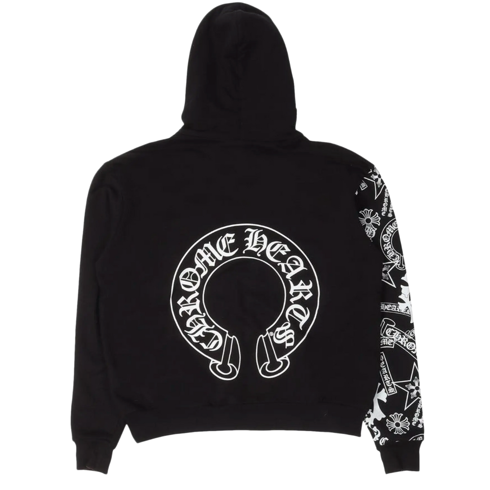 Back flat lay view of the black Chrome Hearts hoodie, showcasing the casual streetwear silhouette with a large white circular horseshoe brand graphic printed on the lower center back, accented by the detailed stencil pattern wrapping around the right forearm sleeve.