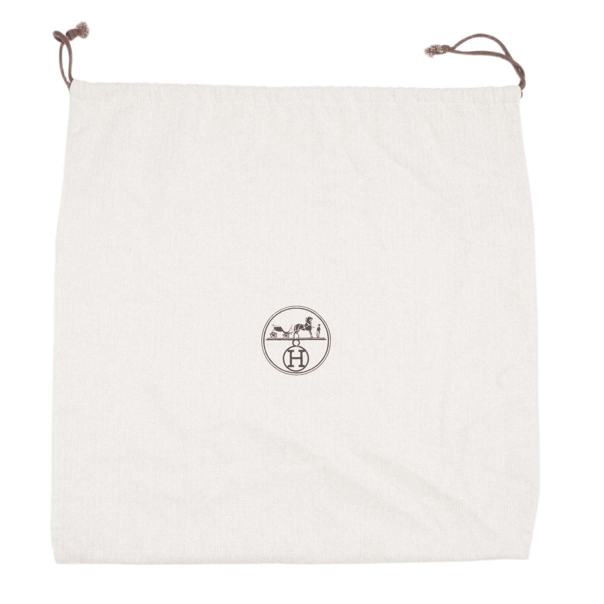 A front view of the included Hermès protective dust bag in a clean off-white cotton fabric, featuring the dark brown circular Hermès Paris logo printed cleanly in the center.
