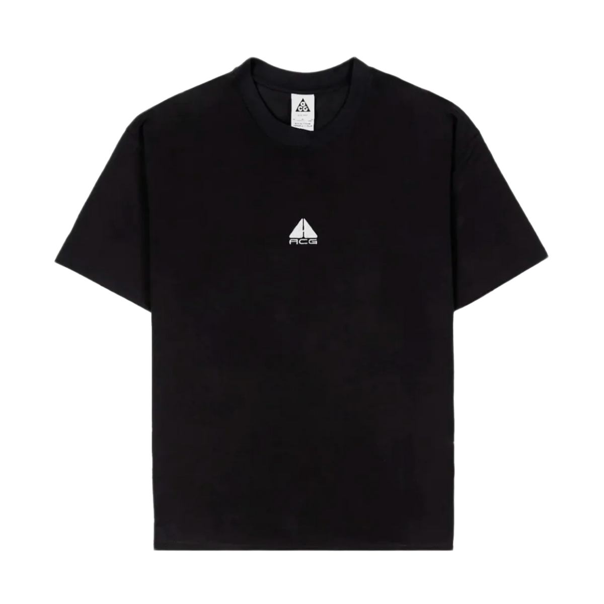Front flat lay view of a Nike ACG short-sleeve t-shirt in solid black cotton, featuring a small white embroidered classic ACG triangle logo centered on the upper chest below the crew neckline.