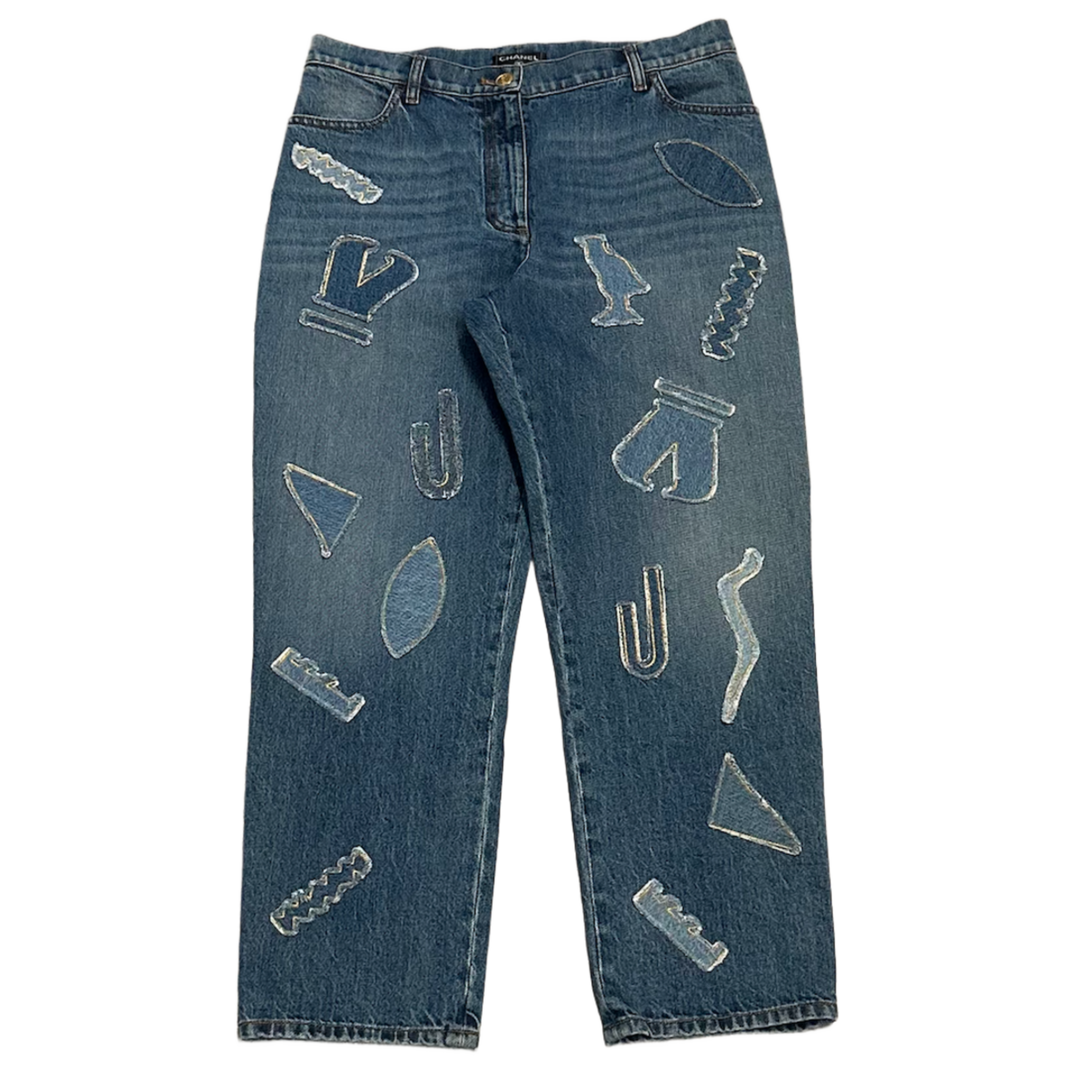 Chanel 'Blue' Embossed Egypt Patch Jeans