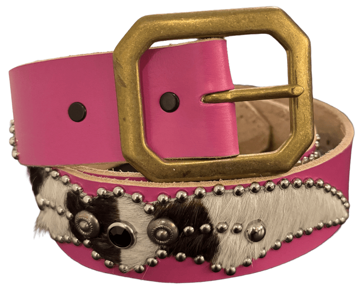 Studded 'Zebra Hair' Spider Gem Pink Leather Belt