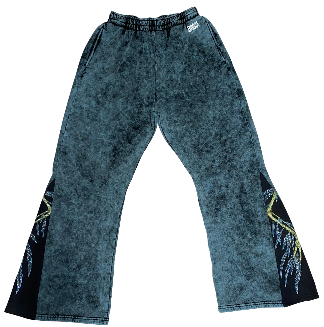 Bossi 'Plant Stem' Rhinestone Blue Flare Sweatpants