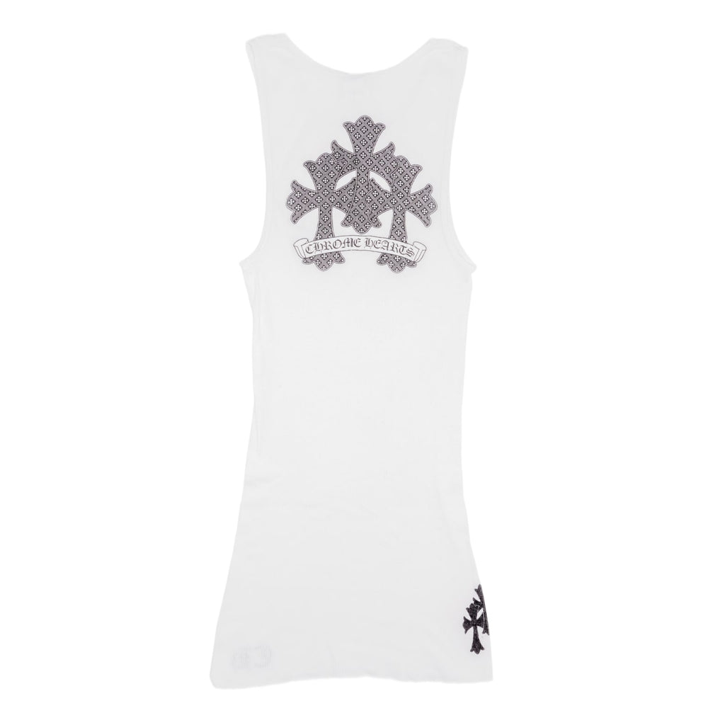 Back flat lay view of the white ribbed tank top, showcasing a large central black 'Cemetery Cross' compilation graphic running down the upper spine, accented by a tiny black cross printed at the lower right hem.